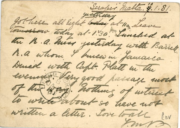 MALTA MALTA: 1881 (Jan 10a) MALTA A25 duplex cancelling GB 1879 1 ½d stationery card addressed to Ireland, posted by a passenger aboard the “Serapis”, some light statins bottom left otherwise fine and very scarce usage.