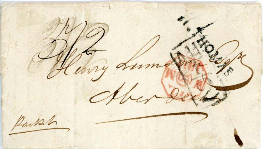 DANISH WEST INDIES: DANISH WEST INDIES: 1817 (11 JUN) Entire to Scotland with good strike of rare, straight-line St THOMAS handstamp, originally rated 3/3, rerated 5/2, taxed boxed Add ½ due partly superimposing, 2 vertical creases not detracting.