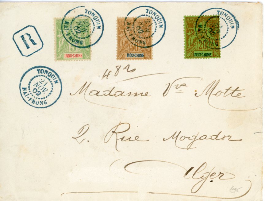 INDOCHINA INDOCHINA: 1902 (21 Nov) Registered envelope to ALGERIA franked Sage issue 5c + 20c + 30c tied by blue TONQUIN / HAI-PHONG cds with octagonal boxed ‘R’ in the same colour alongside, Marseille transit and Alger arrival backstamps, fine.