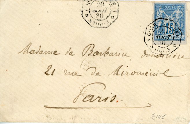 INDOCHINA INDOCHINA: 1880 (20 AOUT) Envelope to Paris franked French Colonies 1878-80 15c blue imperf (full but irregular margins) tied by octagonal CORR D’ARMEES SAIGON datestamps, military cachet on reverse, paris arrival. 