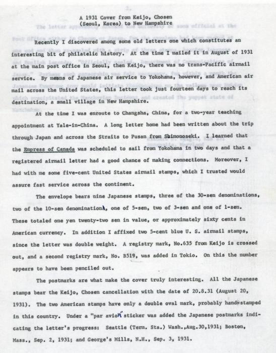 KOREA KOREA: 1931 (20 8) Long envelope registered to USA franked various Japan issues, 9 stamps totalling Y122, tied by KEIJO / CHOSEN cds’s in violet with Keijo registration label alongside and Tokio reg. label applied in transit, 3 officially sealed labels applied on LHS, further franked USA airmail 5c (2) applied, tied by double oval cancel. originating in ‘Changsha, hunan’, Japan 5s with corner fault otherwise a fine and spectacular envelope, interesting letter accompanies this from the sender