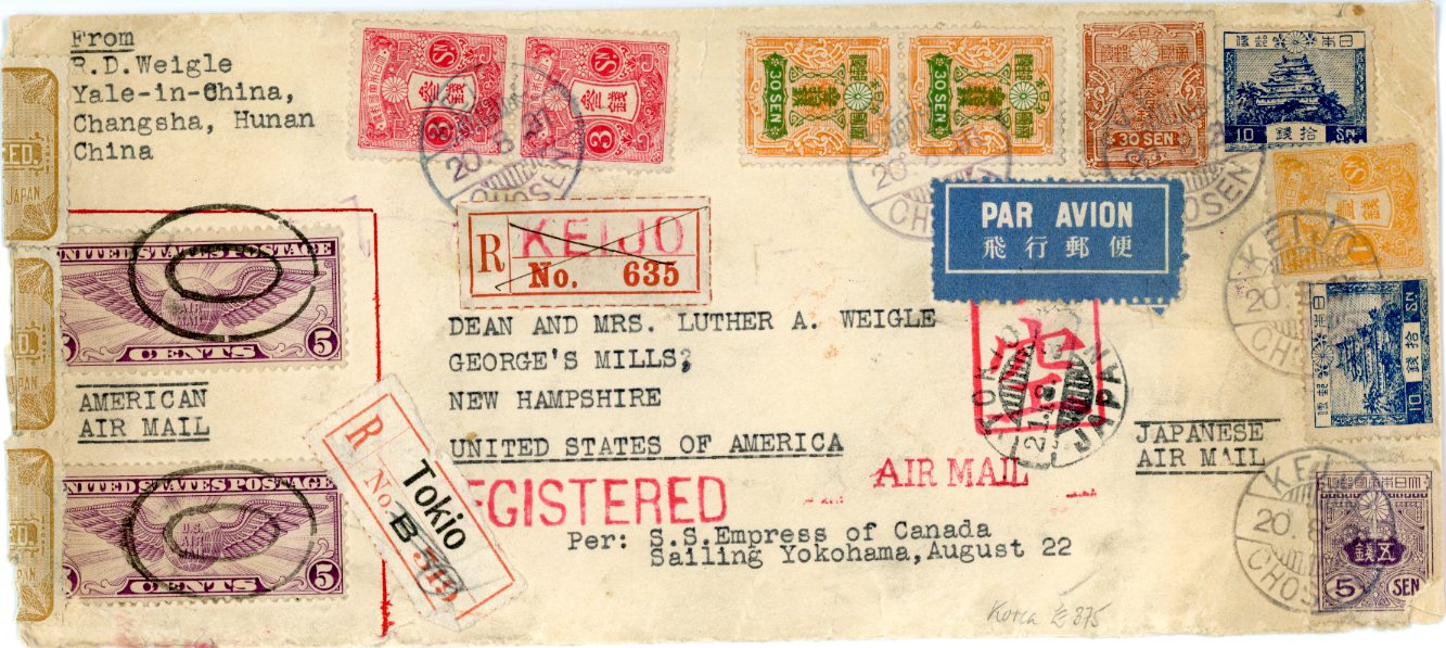 KOREA KOREA: 1931 (20 8) Long envelope registered to USA franked various Japan issues, 9 stamps totalling Y122, tied by KEIJO / CHOSEN cds’s in violet with Keijo registration label alongside and Tokio reg. label applied in transit, 3 officially sealed labels applied on LHS, further franked USA airmail 5c (2) applied, tied by double oval cancel. originating in ‘Changsha, hunan’, Japan 5s with corner fault otherwise a fine and spectacular envelope, interesting letter accompanies this from the sender