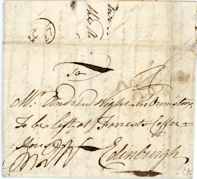 GIBRALTAR GIBRALTAR: 1767 (3 April) entire to Edinburgh with faint ANDALUCIA / ALTA Straight line hs, endorsed ‘To be left at Forrests Coffee House’, Bishop mark on reverse, rated 1/6d packet rate to London, + 6d to Edinburgh, fine.