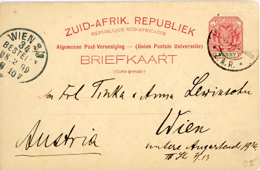 SOUTH AFRICA SOUTH AFRICA: Transvaal picture stationery 1d red and green card (coloured) entitled ‘greetings from Johannesburg / The red Synagogue’ with 5 Feb 1899 cancel addressed to Austria with Wien 28 2 arrival, fine.