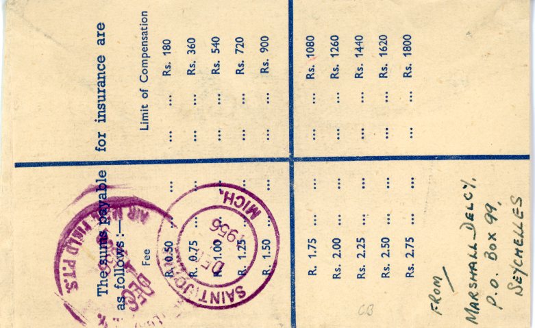 SEYCHELLES SEYCHELLES: 1956 (OC 9) KGVI 20c registered postal stationery envelope to USA uprated 1954-61 2c + 3c + 35c tied by Victoria C cds with reg. boxed cachet alongside, various custom markings applied on arrival, St Johns Mich. Arrival backstamp, fine.