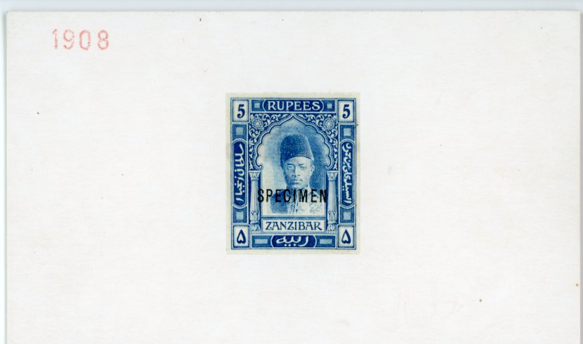 ZANZIBAR ZANZIBAR: 1908-09 5r imperforate proof in issued colour and overprinted “SPECIMEN”, affixed to card (115x67mm) dated “1908”. fine.