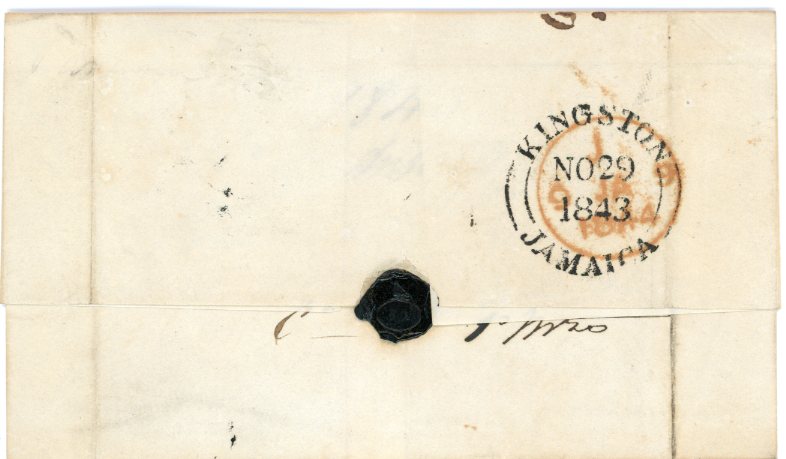 PANAMA PANAMA: 1843 Folded cover to London addressed to Fred Huth handstamped PANAMA double arc without date of the British Post Office, fine KINGSTON JAMAICA NO 29 1843 backstamp and red London arrival 9 JA 1844, 2 filing creases, 1 running through Panama hs, very scarce.