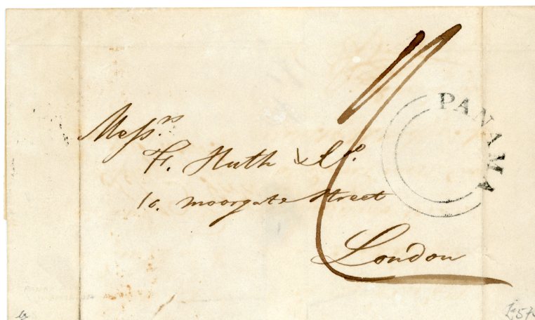 PANAMA PANAMA: 1843 Folded cover to London addressed to Fred Huth handstamped PANAMA double arc without date of the British Post Office, fine KINGSTON JAMAICA NO 29 1843 backstamp and red London arrival 9 JA 1844, 2 filing creases, 1 running through Panama hs, very scarce.
