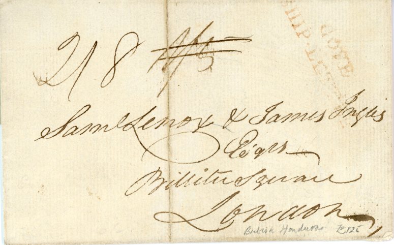 BRITISH HONDURAS BRITISH HONDURAS: 1822 (22 Feb) Folded cover to London with red S/L COVE / SHIP-LETTER, rated initially 1/5, corrected to 2/8, correct postage for a 1oz letter. Sent by private ship, arriving on May 5th central filing crease.