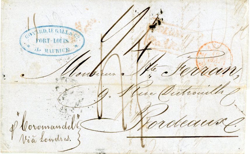 ENGLAND MARITIME ENGLAND MARITIME: Cornwall: Mevagissey: 1848 reduced entire letter from Mauritius to Bordeaux 
