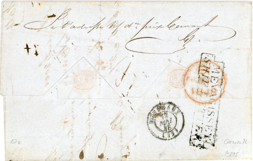 ENGLAND MARITIME ENGLAND MARITIME: Cornwall: Mevagissey: 1848 reduced entire letter from Mauritius to Bordeaux 