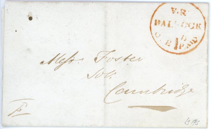 ENGLAND ENGLAND PRESTAMP: 1843 (24 March) entire letter from Baldock to Cambridge with fine strike of