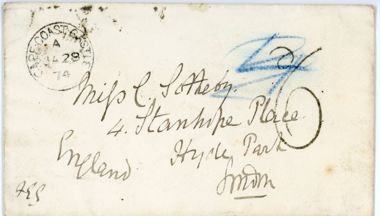 GOLD COAST GOLD COAST: 1874 (Jan 28): Stampless cover to Hyde Park, London bearing a good strike of