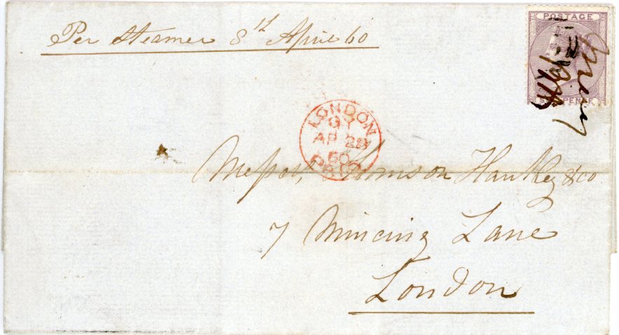 GRENADA GRENADA: 1860 (April 8): Outer letter sheet to London pre paid with Great Britain 6 d. lilac showing a manuscript cancel, endorsement at top with date, red 