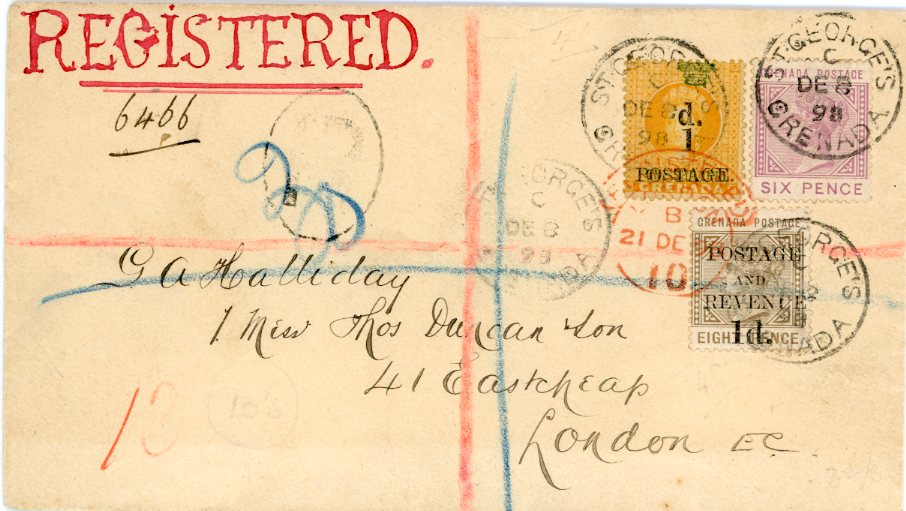 GRENADA GRENADA: 1898 (Dec 8): Registered cover to London bearing fine mixed franking of 1886 1d. on 1s. orange, 1888/91 Postage and Revenue 1d. on 8d. and 1883 6d. all tied by ST GEORGES / GRENADA cds, red LONDON arrival additionally tying stamps, large oval framed R alongside. Fine and attractive. SG 38,46+34