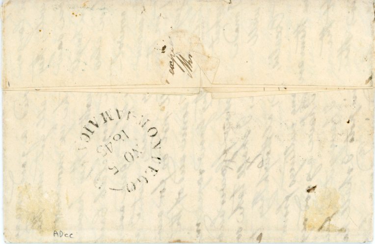 JAMAICA JAMAICA: Incoming mail, 1845 (Oct 1): Long family letter from the Holland correspondence, datelined 29 September, full of domestic information from a father in Salem, North Carolina to his son, a missionary in May Hill, Jamaica, bearing blue “SALEM ‘ N.C” dispatch CDs and PAID handstamp charged manuscript 