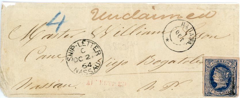 BAHAMAS BAHAMAS SHIP LETTER: 1864 (Oct 2): Incoming cover from Habana, Cuba franked 1 r. blue on salmon (Edifil Ant 11) with bar cancel and HABANA despatch cds above, bearing a fine strike of the very rare 