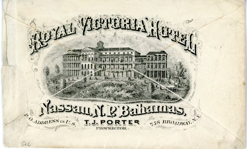 BAHAMAS BAHAMAS: 1876 (Feb 5): Hotel Advertising Envelope to New York bearing single franking 4 d. tied by BAHAMAS despatch cds, Due 3 charge handstamp applied on arrival. The reverse bears a fine illustration of Royal Victoria Hotel. Envelope reduced slightly at right, some inconsequential wrinkles to envelope, a fine and very early advertising item.
