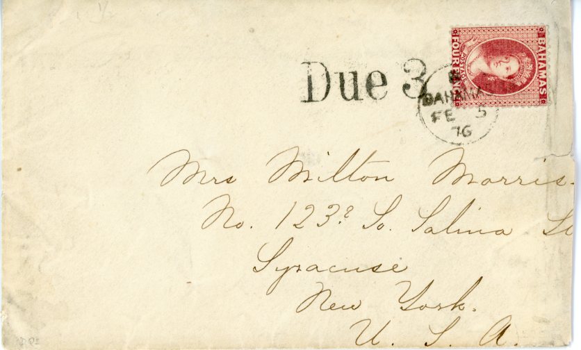 BAHAMAS BAHAMAS: 1876 (Feb 5): Hotel Advertising Envelope to New York bearing single franking 4 d. tied by BAHAMAS despatch cds, Due 3 charge handstamp applied on arrival. The reverse bears a fine illustration of Royal Victoria Hotel. Envelope reduced slightly at right, some inconsequential wrinkles to envelope, a fine and very early advertising item.