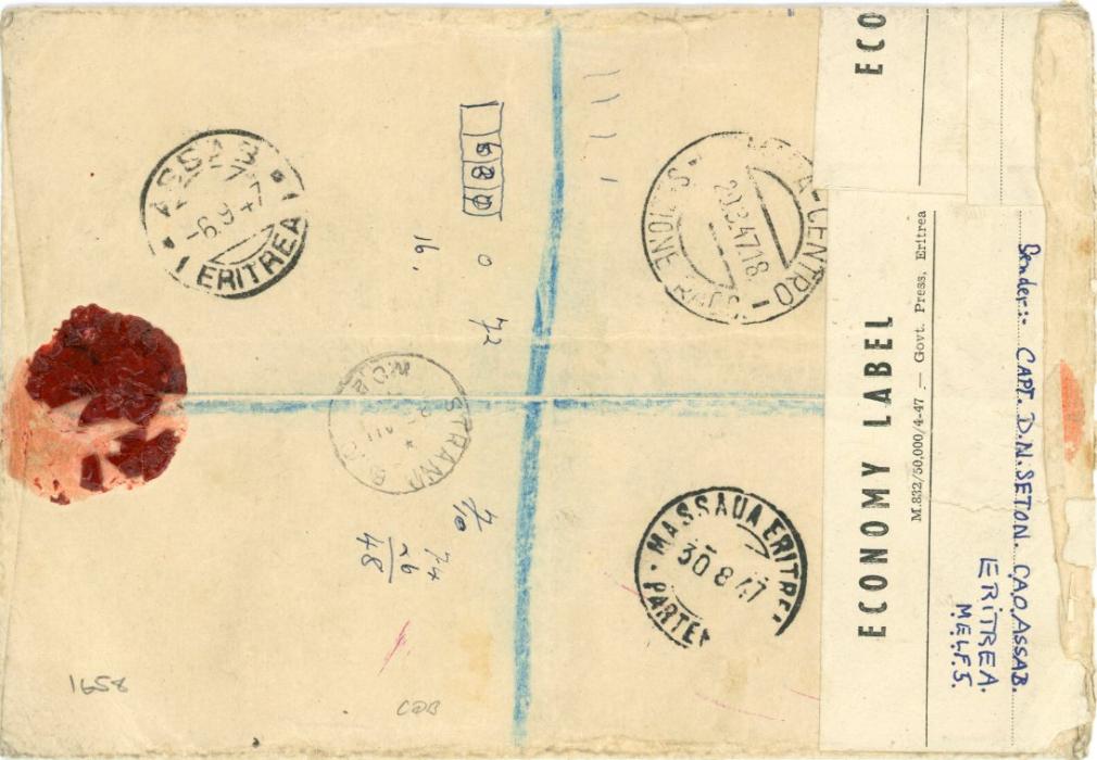 BRITISH OCCUPATION OF FORMER ITALIAN COLONIES BRITISH OCCUPATION OF FORMER ITALIAN COLONIES: 1948 (March 1): Registered airmail cover to England franked M.E.F. overprinted 6 d. and 2/6s. tied by 