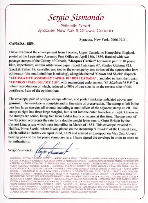 CANADA CANADA: 1859 (April 18): Cover to England franked pair 10 d. Jacques Cartier tied by two bar obliterators with crown framed 