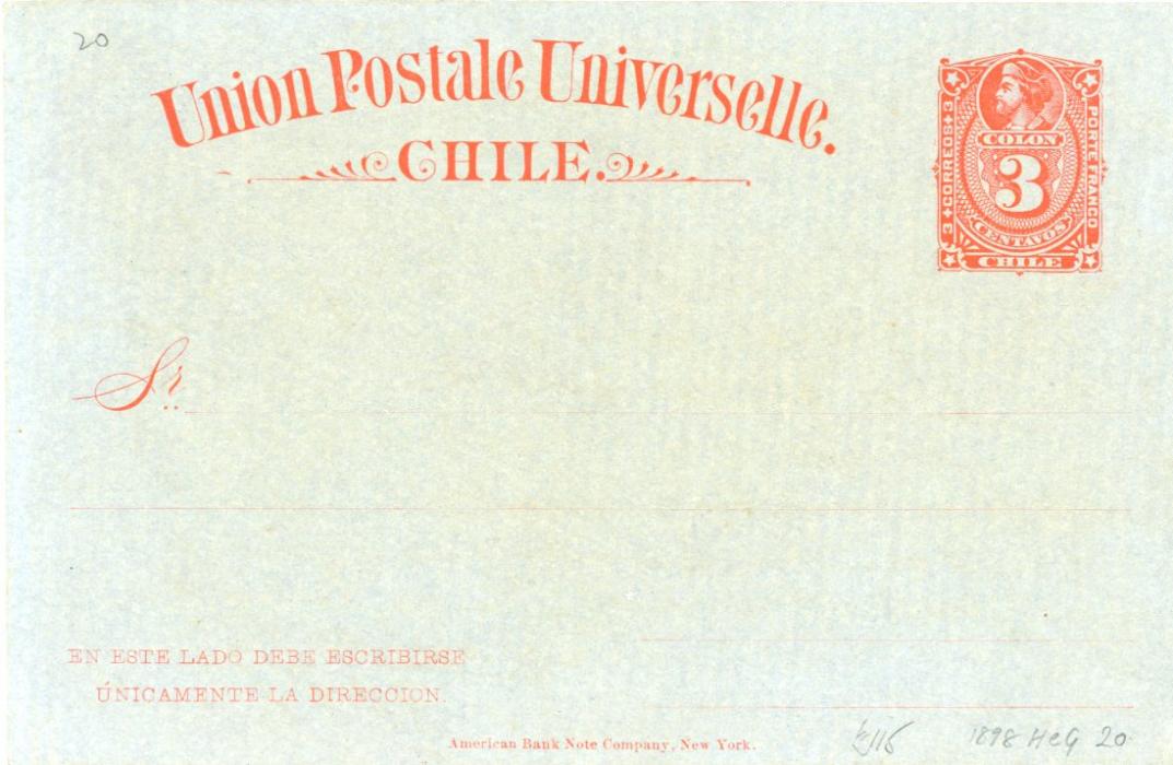 CHILE CHILE (PICTURE STATIONERY - HOTEL): 1898 3c. card (H&G20) mint bearing image on front entitled Gran Hotel /Vina del Mar depicting bicycle, flag, horse and flag, trace of toning otherwise very fine.