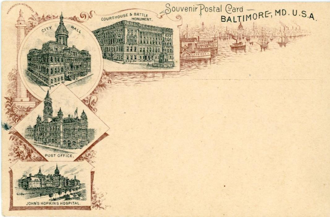 UNITED STATES UNITED STATES: (Picture Stationery) ca1896/7 1c. ‘Jefferson‘ brown and black card titled ’Souvenir Postal Card - Baltimore, MD.. U.S.A.’, very fine condition - Boat thematic.