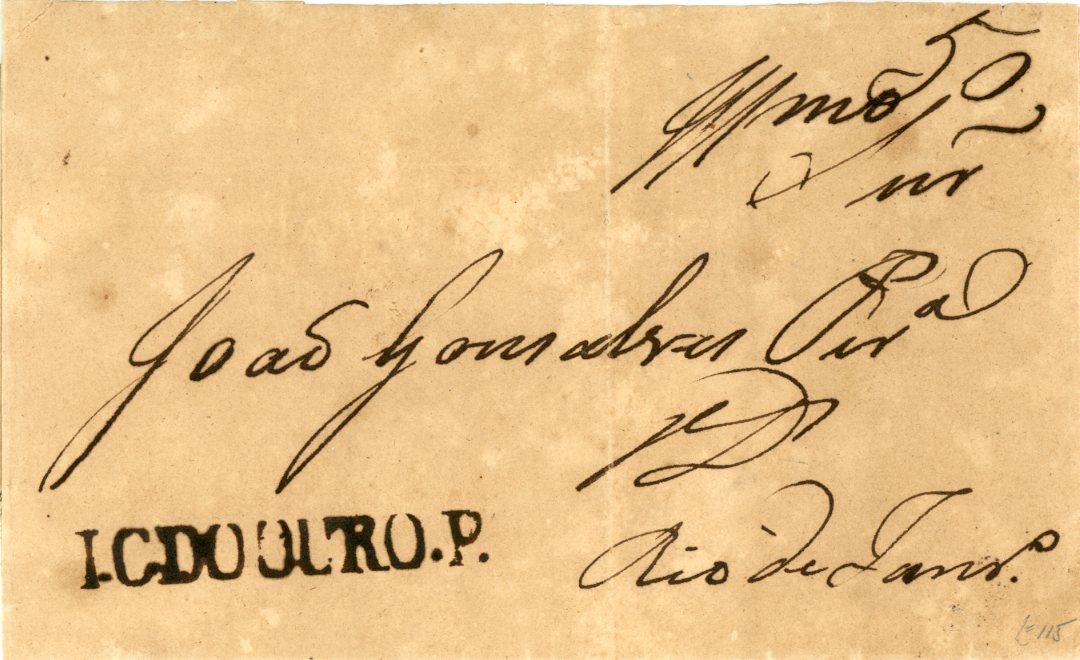 BRAZIL BRAZIL: 1842 Prestamp evenly toned cover to Rio de Janeiro with fine s/line I.C.DO OURO P. marking in black with ms. ‘50’ rating alongside. ex Brian Moorhouse.