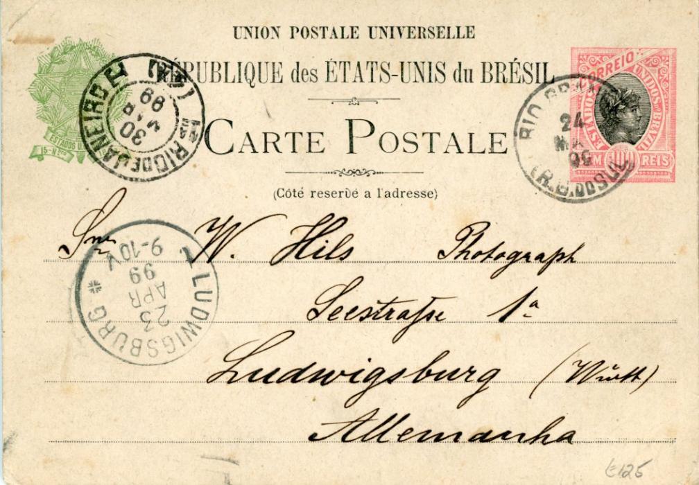 BRAZIL BRAZIL: 1899 (24 Mar) 100r. Postal stationery used from Rio to Germany illustrated on reverse 3 vignettes of horses and riders inscribed ‘LEMBRANCAS DA VIAGEM’, arrival cds on address, fine.