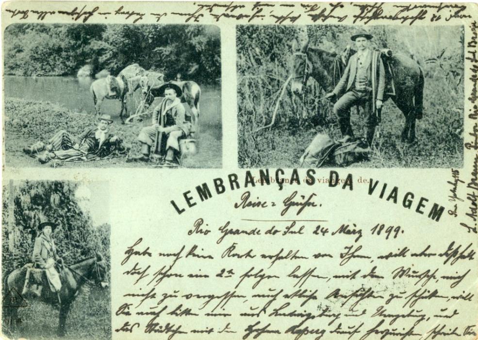 BRAZIL BRAZIL: 1899 (24 Mar) 100r. Postal stationery used from Rio to Germany illustrated on reverse 3 vignettes of horses and riders inscribed ‘LEMBRANCAS DA VIAGEM’, arrival cds on address, fine.