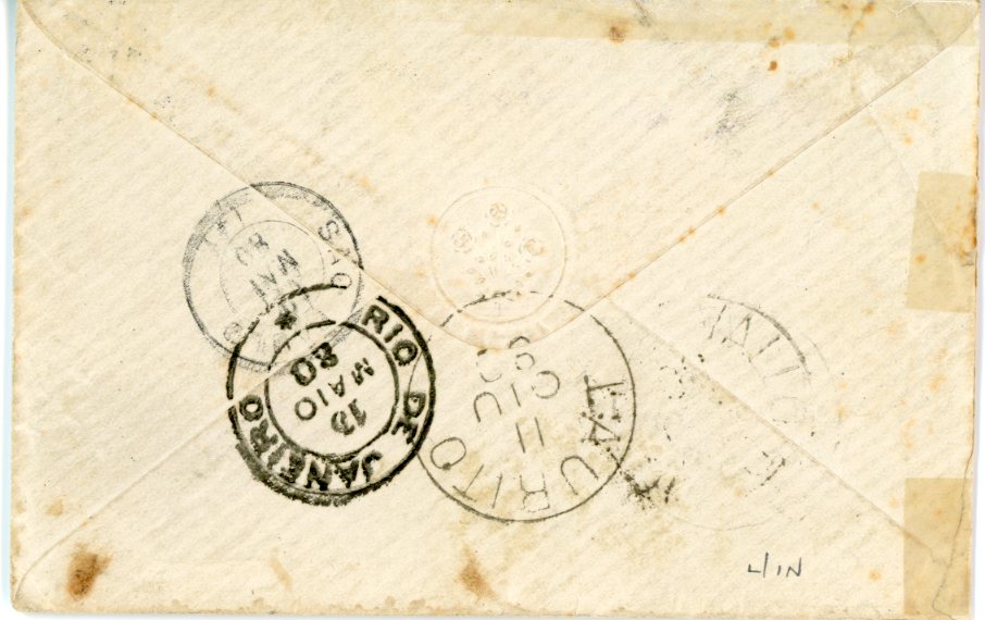 BRAZIL BRAZIL: 1877 200r. black roulette on 1880 envelope to Italy cancelled BROTAS (10 Ma 10) cds in black with R10 & SAO PAULO transits Italy arrival, some light marginal toning.