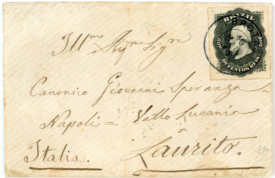 BRAZIL BRAZIL: 1877 200r. black roulette on 1880 envelope to Italy cancelled BROTAS (10 Ma 10) cds in black with R10 & SAO PAULO transits Italy arrival, some light marginal toning.