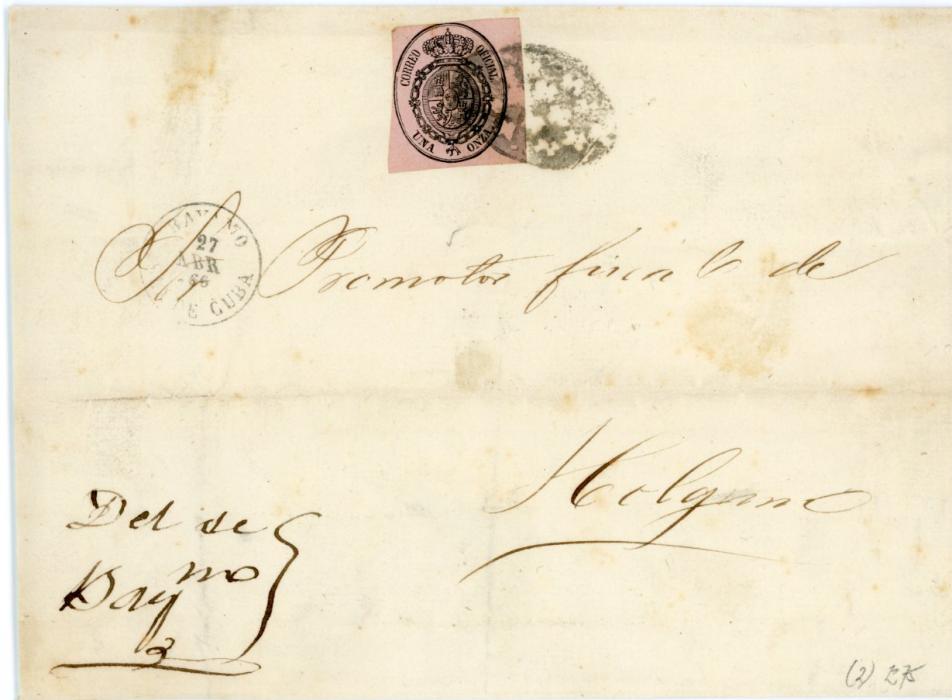 CUBA CUBA: 1866-68 Official covers (2) 1866. 27 abr franked 1b pink to Holguin, 1868 1/2oz yellow from SAGUA LA ..... both tied by oval negative, fine.