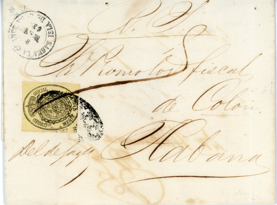 CUBA CUBA: 1866-68 Official covers (2) 1866. 27 abr franked 1b pink to Holguin, 1868 1/2oz yellow from SAGUA LA ..... both tied by oval negative, fine.
