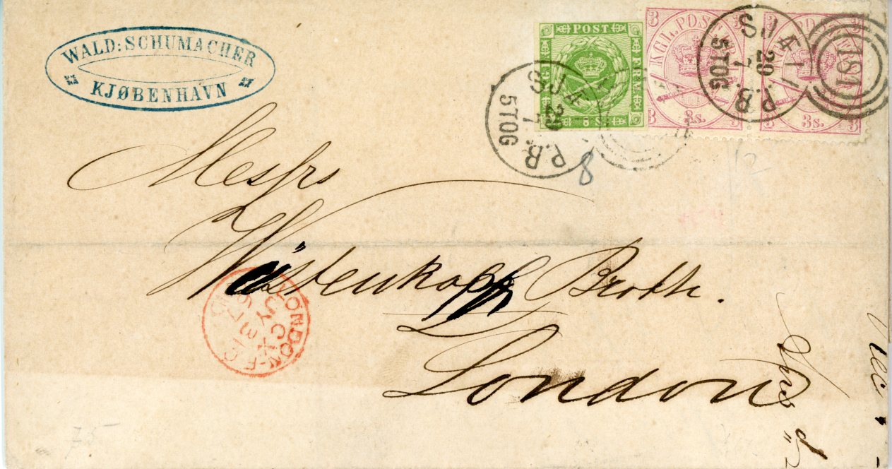 DENMARK DENMARK: 1867 (July 20): Outer letter sheet to London bearing mixed issue franking of 1858/62 8 sk. green and 1864/68 3 sk. lilac pair tied by two 