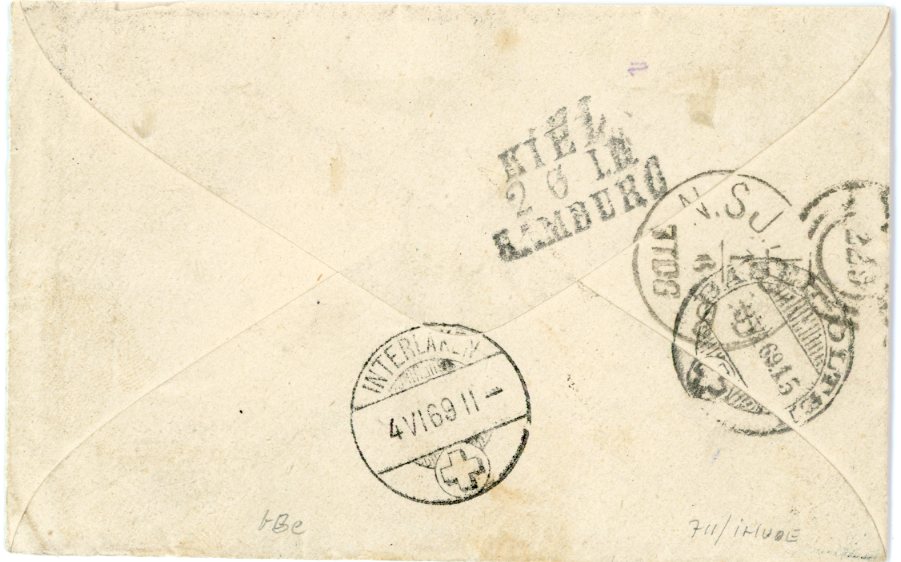 DENMARK DENMARK: 1869 (June 1): Envelope to Poste Restante, Interlaken, Switzerland franked 1864/68 Arms perf 13 x 12½ 2 sk. 4th printing, 3 sk. 2nd printing and 8 sk. Ist printing at correct 13 sk. rate tied by three-ring 25 numeral with HÖRSHOLM despatch eds in association at base, manuscript 