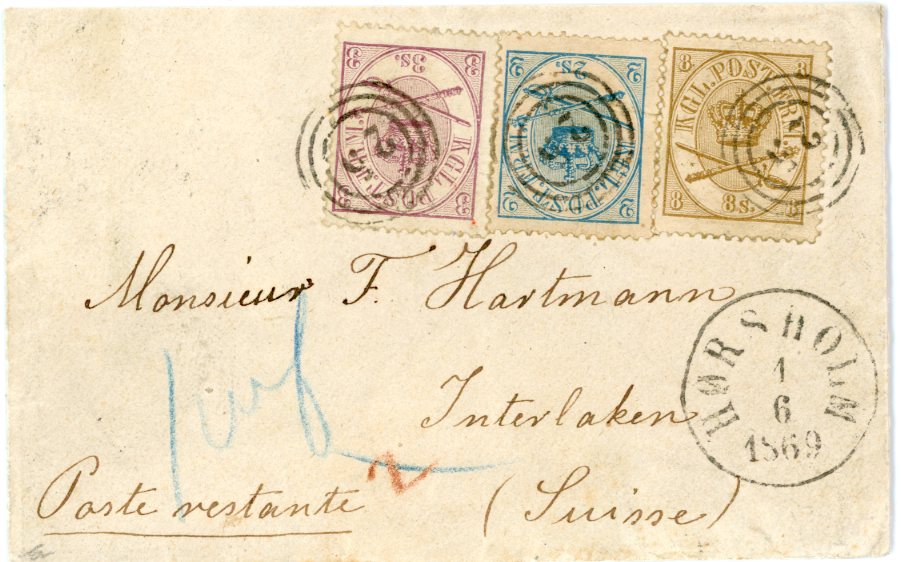 DENMARK DENMARK: 1869 (June 1): Envelope to Poste Restante, Interlaken, Switzerland franked 1864/68 Arms perf 13 x 12½ 2 sk. 4th printing, 3 sk. 2nd printing and 8 sk. Ist printing at correct 13 sk. rate tied by three-ring 25 numeral with HÖRSHOLM despatch eds in association at base, manuscript 