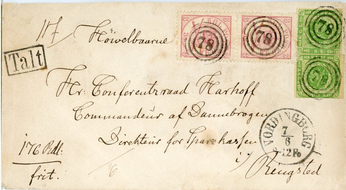 DENMARK DENMARK: 1870c (June 7): Cover to Ringsted bearing mixed issue franking of 1858/62 8 sk. (2, one with three margins) plus 1864/68 3 sk. vertical pair, each cancelled by three-ring 78 numeral, NORDINGBORG despatch cds below, at top left framed Talt handstamp, three fine Crown black wax seals of the 