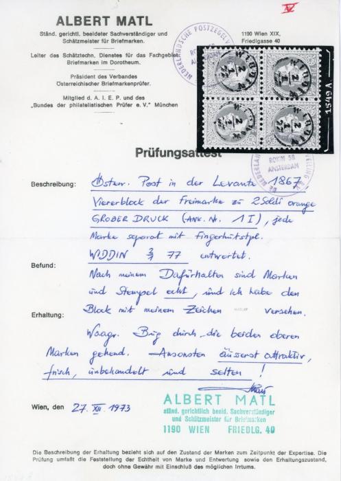 AUSTRIAN LEVANT AUSTRIAN LEVANT: Post Offices in Bulgaria 1877 (Jan 2): 1867 Coarse Whiskers 2s. orange in a block of four, each stamp cancelled by thimble WIDDIN cds. Ironed horizontal fold through upper pair, otherwise a very fine and rare multiple with this cancel. Cert. Matl (1973)