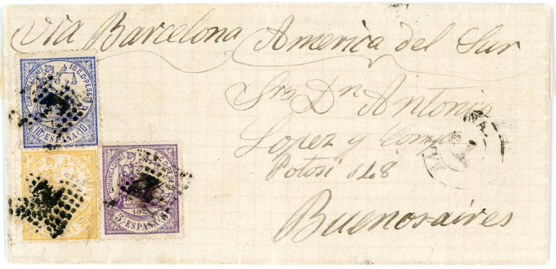 SPAIN SPAIN: 1874 (Aug 16): Entire from Barcelona to Buenos Aires endorsed