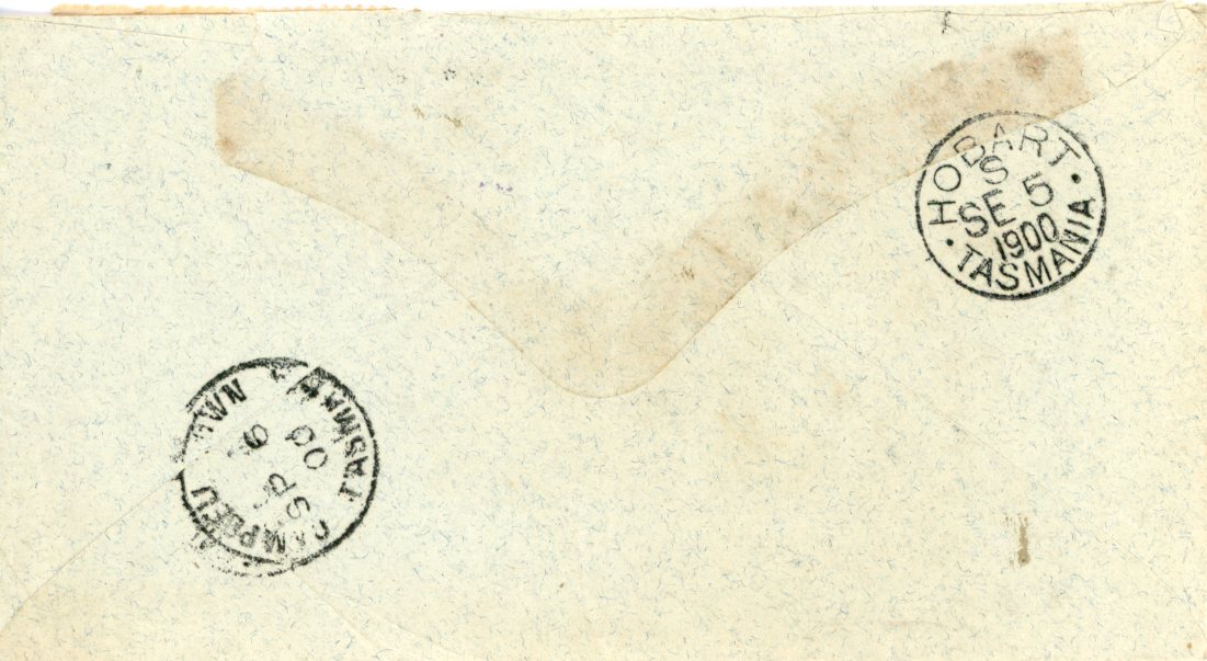 SPAIN SPAIN CANARY IS.: 1900 (26 JUL) envelope to Tasmania, Australia franked 5c + 10c tied by blue LAGUNA (CANARIAS) cds, transit Hobart (SE 5) and CAMBBELL TOWN arrival backstamps, few minor perf faults where overapping and small part of backflap missing, otherwise very scarce origin to equally scarce destination.