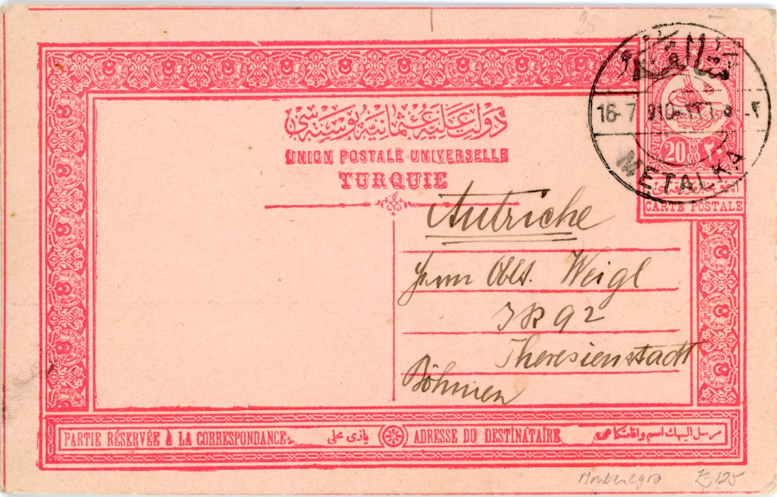 MONTENEGRO MONTENEGRO - Ottoman Post Office: 1910 (16 7) 20pa stationery card addressed to Austria with a fine bilingual cancel METALKA.