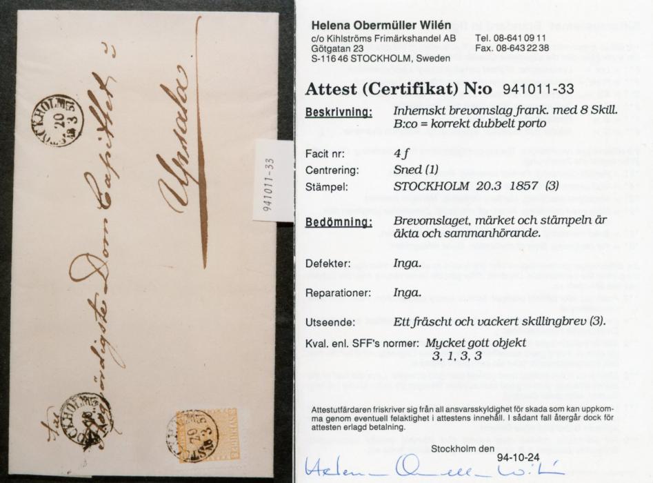 SWEDEN SWEDEN: 1857 (20/3) Folded cover to Upsala franked 1887 8sk. dull yellow orange (Facit 4f) tied by Stockholm cds, centered to the left, fine and fresh, cert. Obermuller.