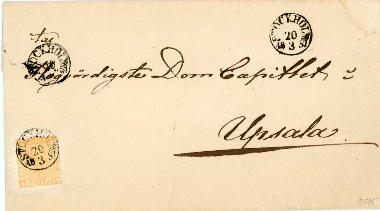 SWEDEN SWEDEN: 1857 (20/3) Folded cover to Upsala franked 1887 8sk. dull yellow orange (Facit 4f) tied by Stockholm cds, centered to the left, fine and fresh, cert. Obermuller.
