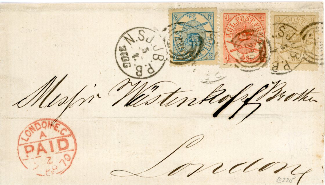 DENMARK DENMARK: 1870 (Apr) Folded cover to England franked 1864-70 2sk + 4sk + 8sk tied by N SJ.JB.B.P 229 duplex cancels, ex Westenkoff archive, London arrival cds in red, 1 of the backflaps reduced, attarctive 3 colour franking.