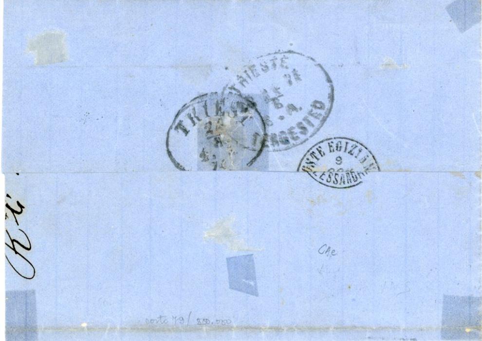 EGYPT EGYPT: 1874 (8 Ago) Entire to Trieste franked 1872 20pa blue + 2pi yellow tied by fine PORTO SAID cds, another strike and cursive ‘FRANCA’ alongside, Alessandria transit and Trieste arrival backstamps, fine, expertised Bolaffi.