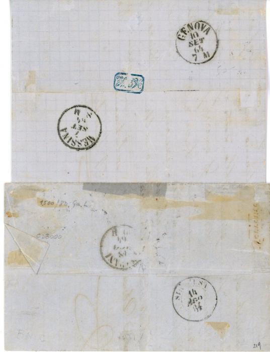 MALTA MALTA: 1864: Pair of entires both franked Tiratura di Londra 15 centesimi (Sassone L18), the first on 13 August from Messina to Trapani tied by