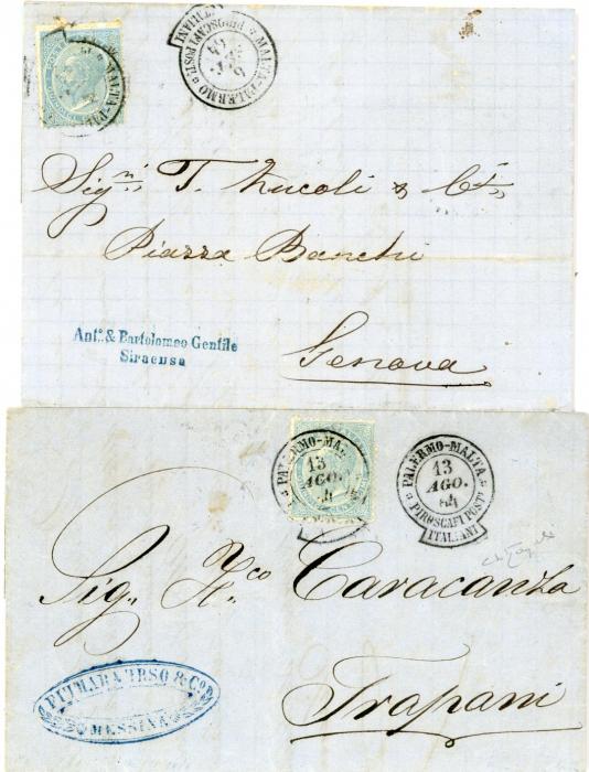 MALTA MALTA: 1864: Pair of entires both franked Tiratura di Londra 15 centesimi (Sassone L18), the first on 13 August from Messina to Trapani tied by