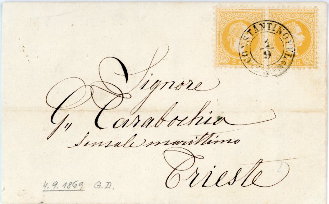 AUSTRIAN LEVANT AUSTRIAN LEVANT: Post Office in Constantinople 1869 (Sept 2): Printed circular to Trieste franked 1867 Coarse Whiskers 2 s. yellow horizontal pair tied by fine wreathed CONSTANTINOPEL, oval arrival backstamp (Sept 10). A light horizontal filing crease otherwise very fine with stamps exceedingly fresh.
Provenance: Collection Monte Napoleone, Corinphila sale 78, September-October 1988, lot 467;
Collection Ing. Pietro Provera, Corinphila sale 280, November 2021, lot 6048.