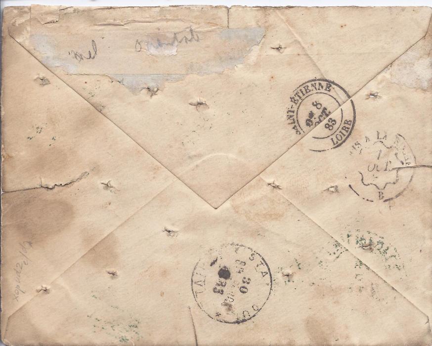 Bulgaria Eastern Roumelia 1883 envelope to St Etienne, France franked 1pi. tied by barred cancel and with green Philippopoli date stamp in association, Constantinople transit and Odessa disinfection cachet at centre. With rastel punches and cuts at edge on each side.